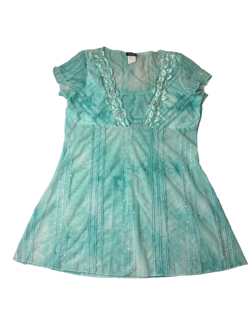 Vanity Y2K Medium Mesh Sequined Tie Dye Lacy Babydoll Cap Sleeve Top